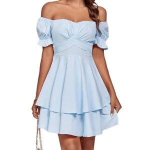 Off The Shoulder Wrap Layer Ruffle Short Sleeve Mini Dress